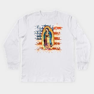 Our Lady of Guadalupe Mexican Virgin Mary USA United States Flag Mexico Catholic Kids Long Sleeve T-Shirt